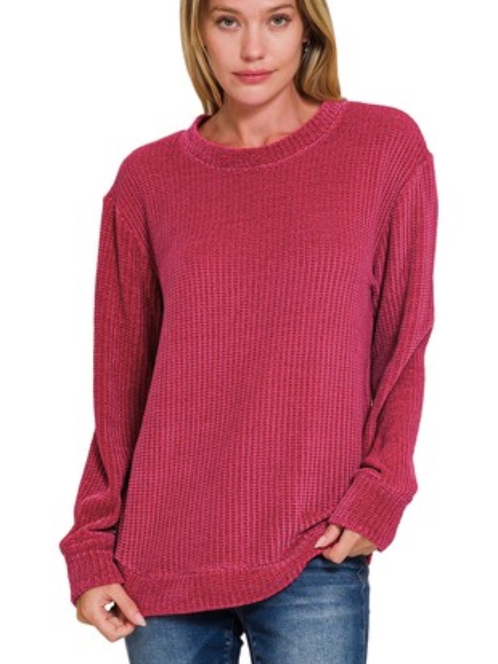 983. CABERNET WOMEN'S Chenille Waffle Round Neck Sweater